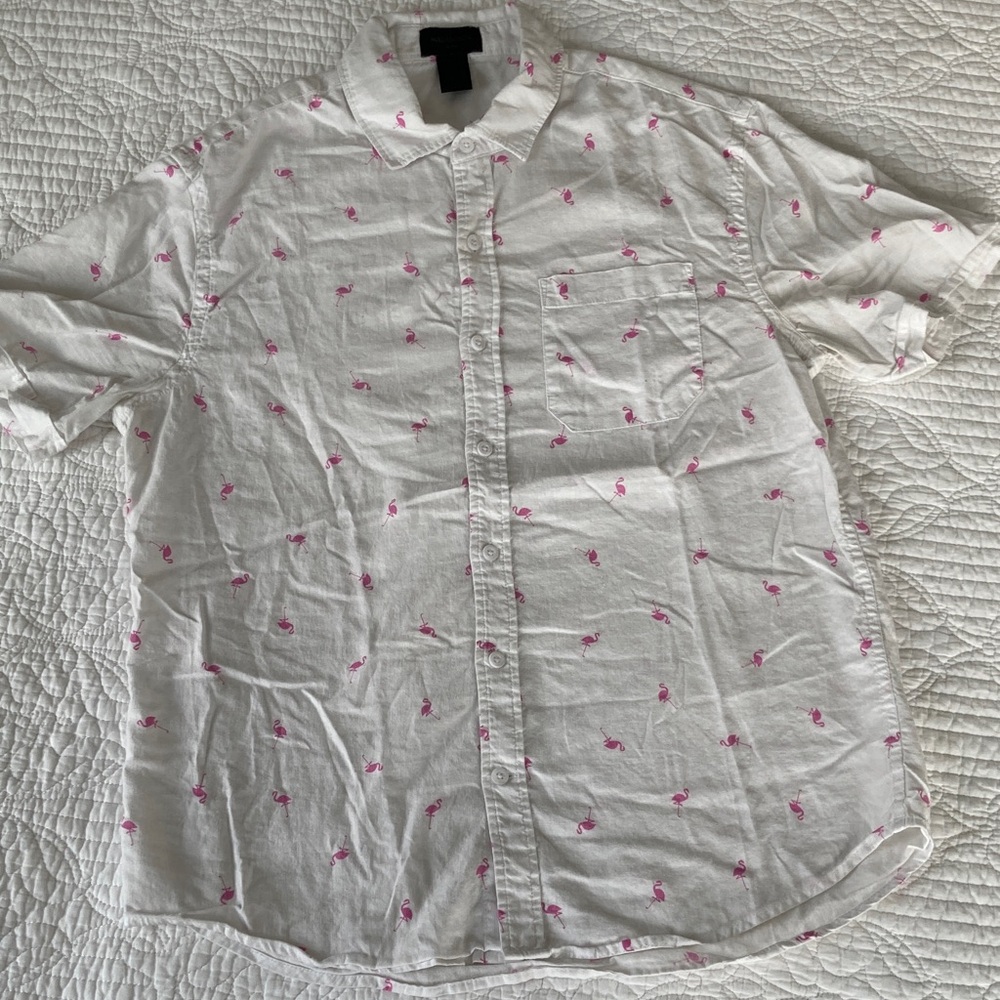 Magaschoni White Linen-blend Shortsleeved Buttondown with Pink Flamingo Print
